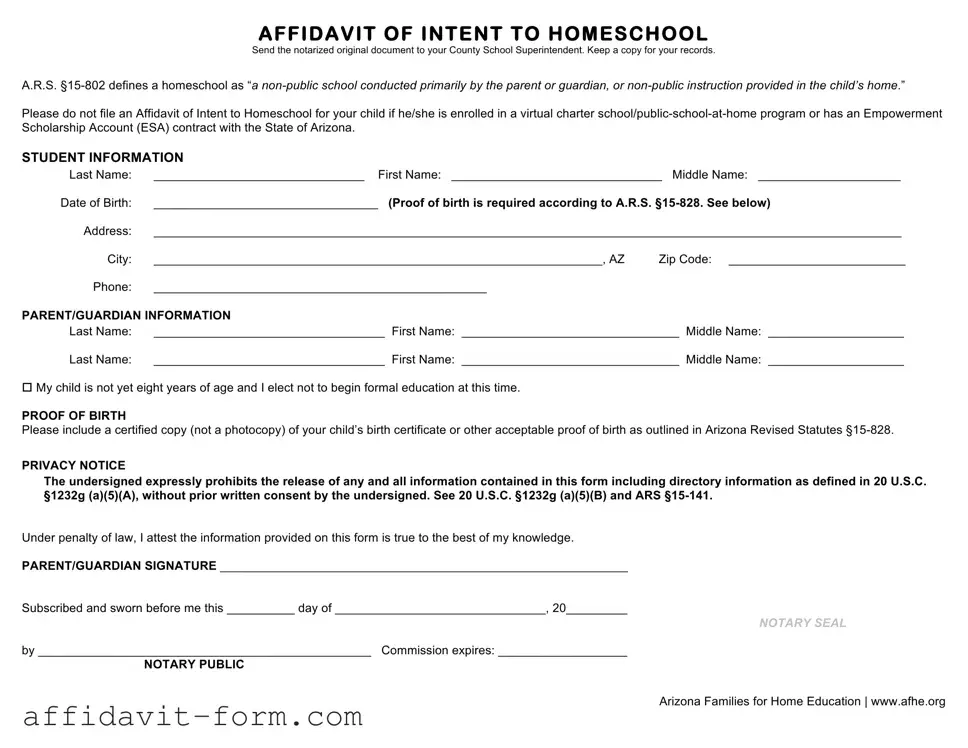 Blank Affidavit Homeschool Maricopa County PDF Template