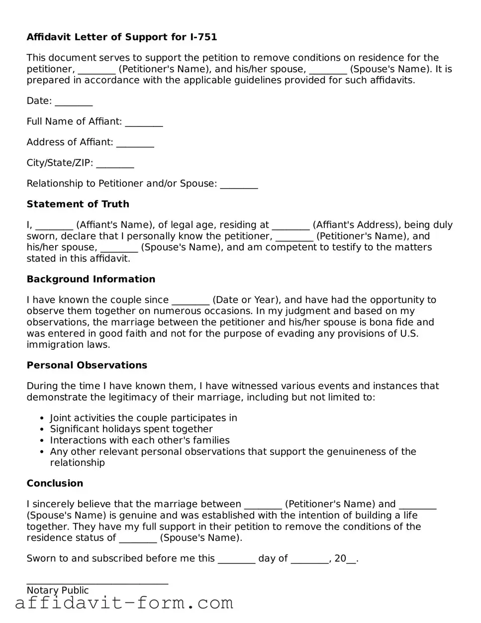 Valid Affidavit Letter of Support for I-751 Form