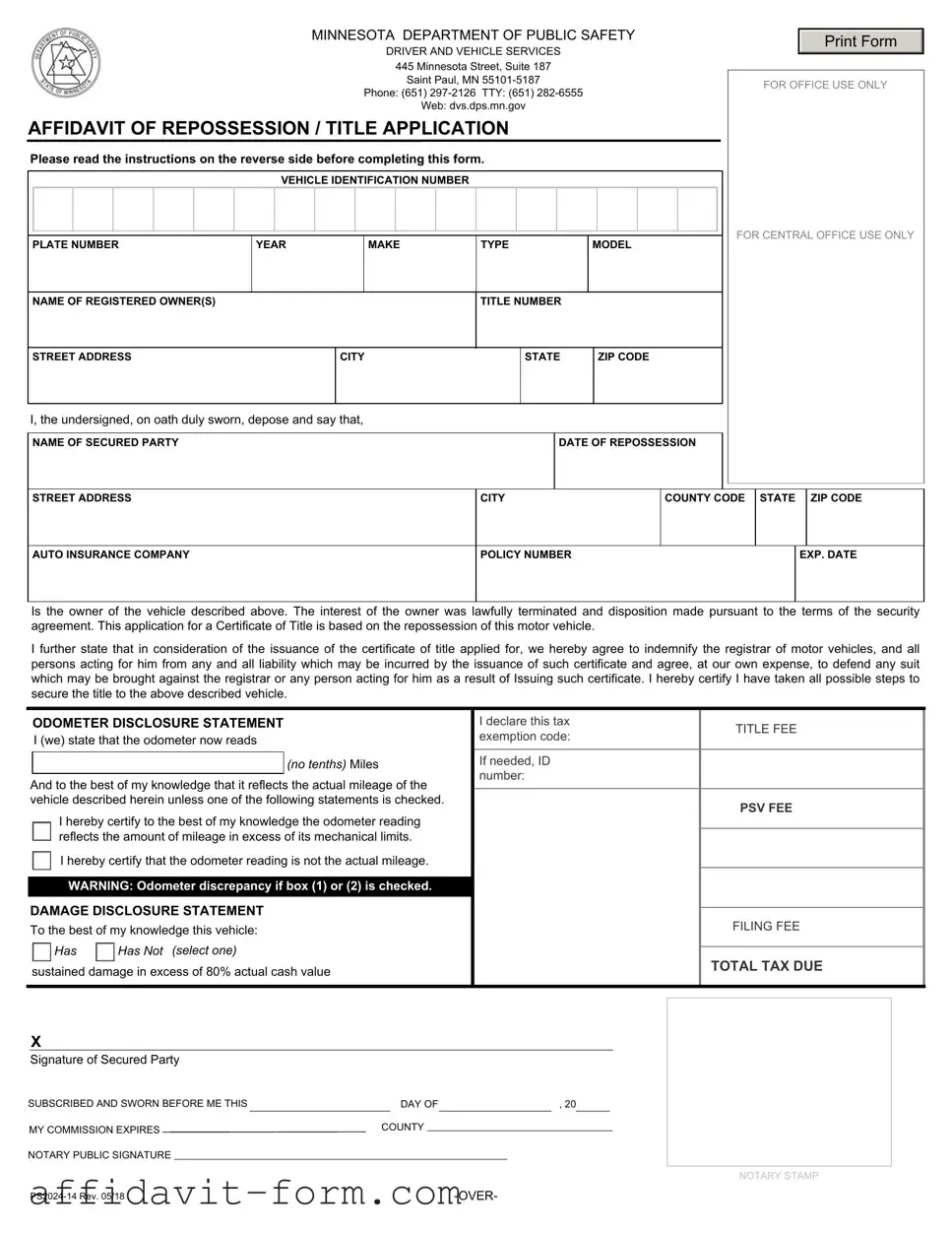 Blank Affidavit Of Repossession Minnesota PDF Template