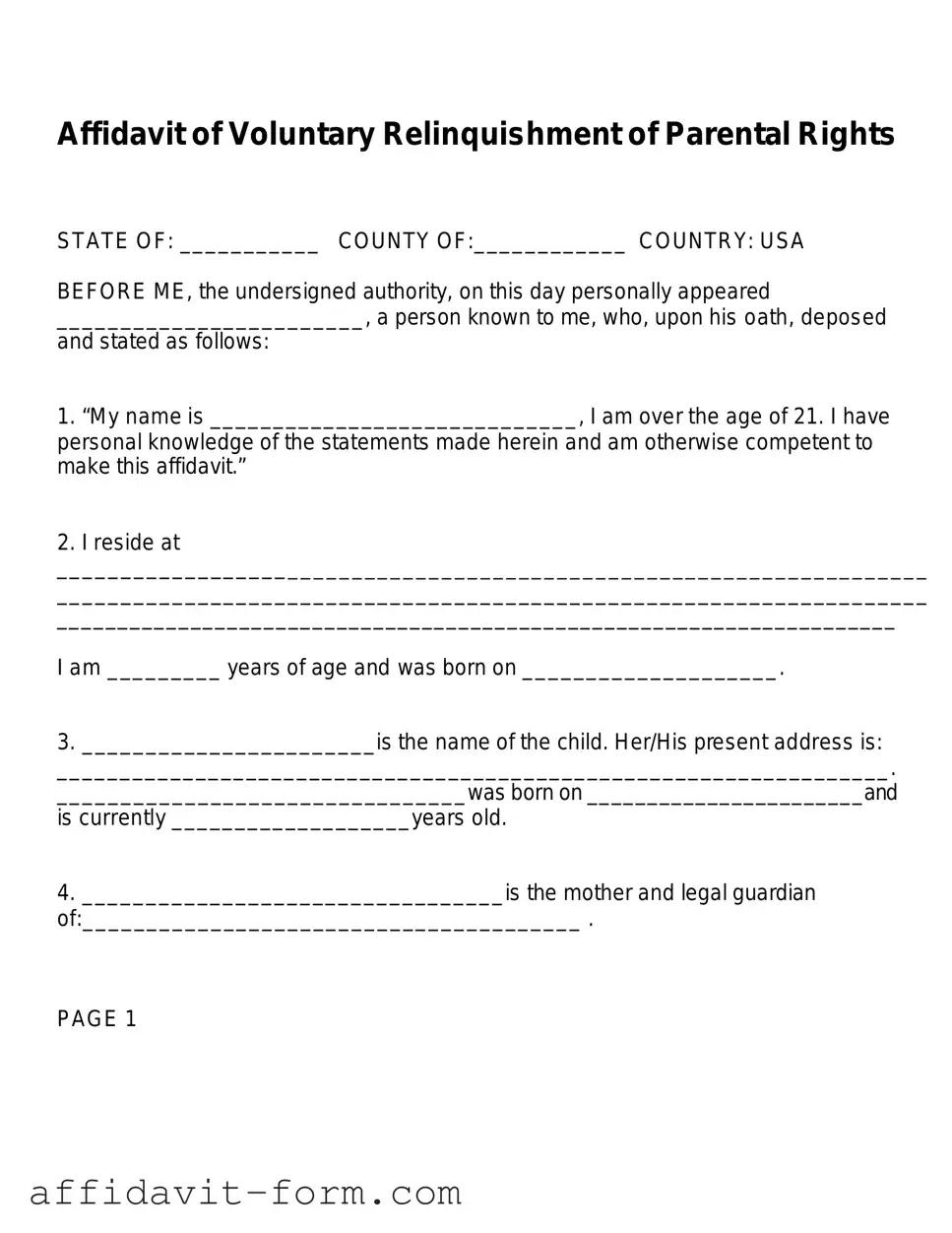 Blank Affidavit Parental Rights PDF Template