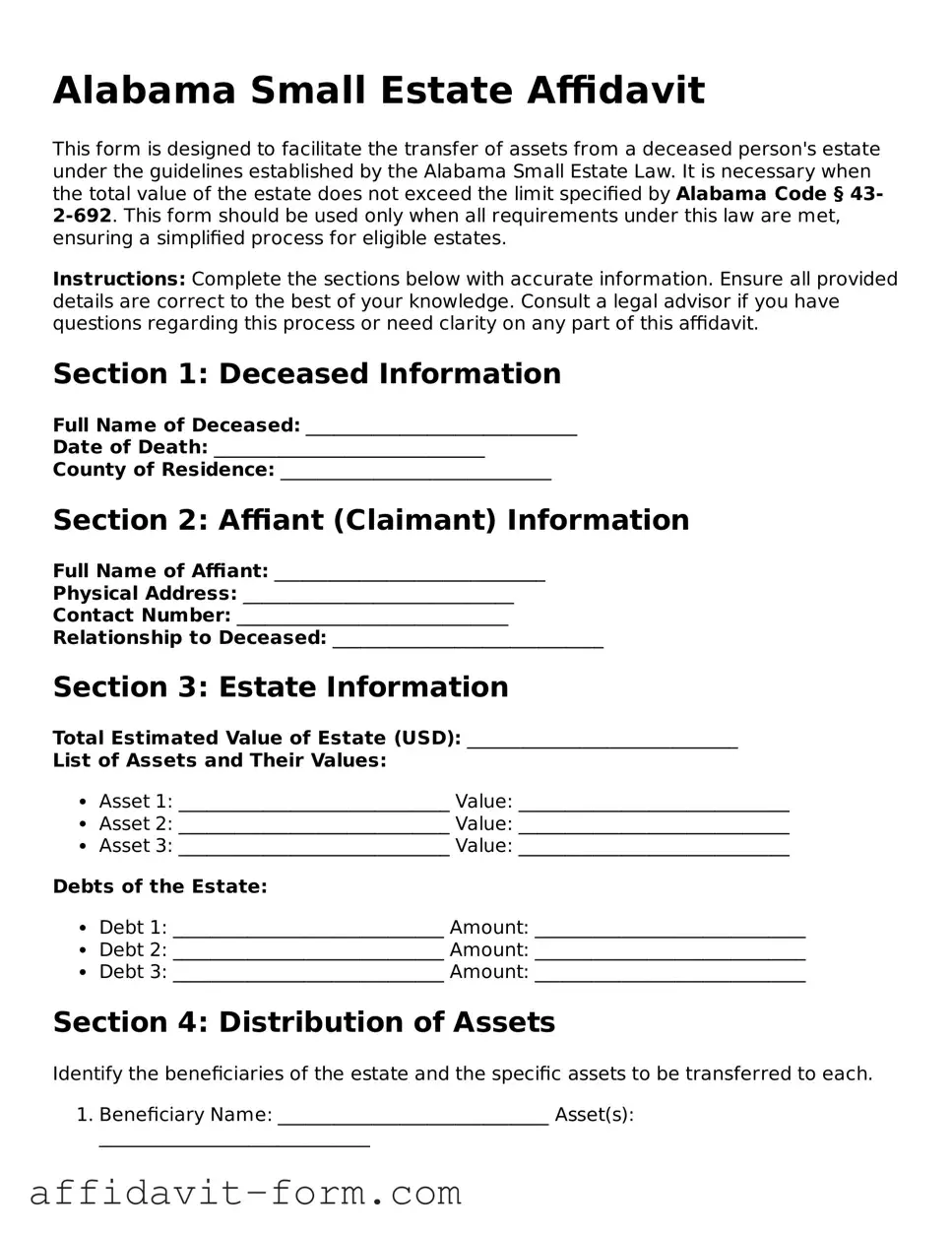 Printable  Small Estate Affidavit Form for Alabama