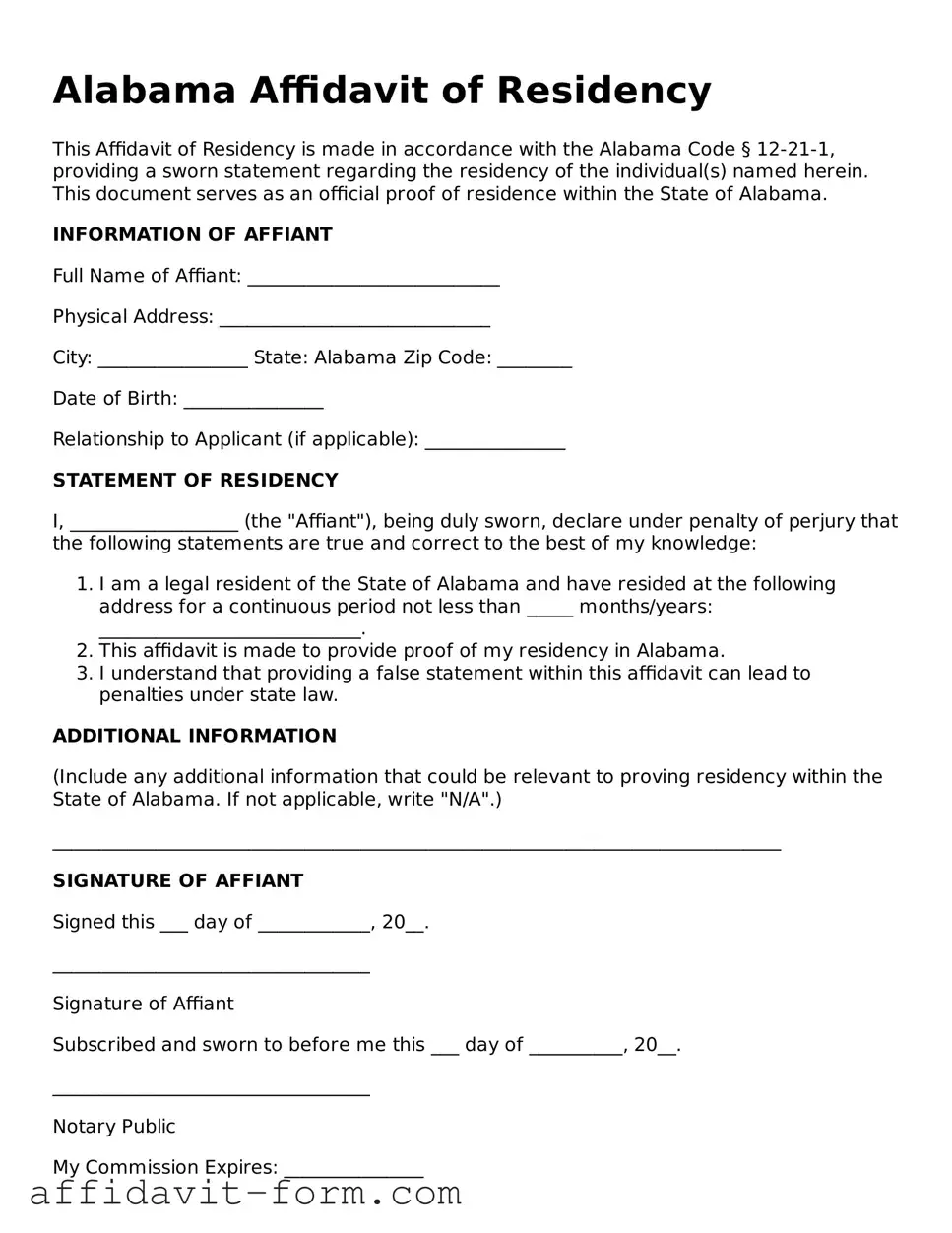 Printable  Affidavit of Residency Form for Alabama