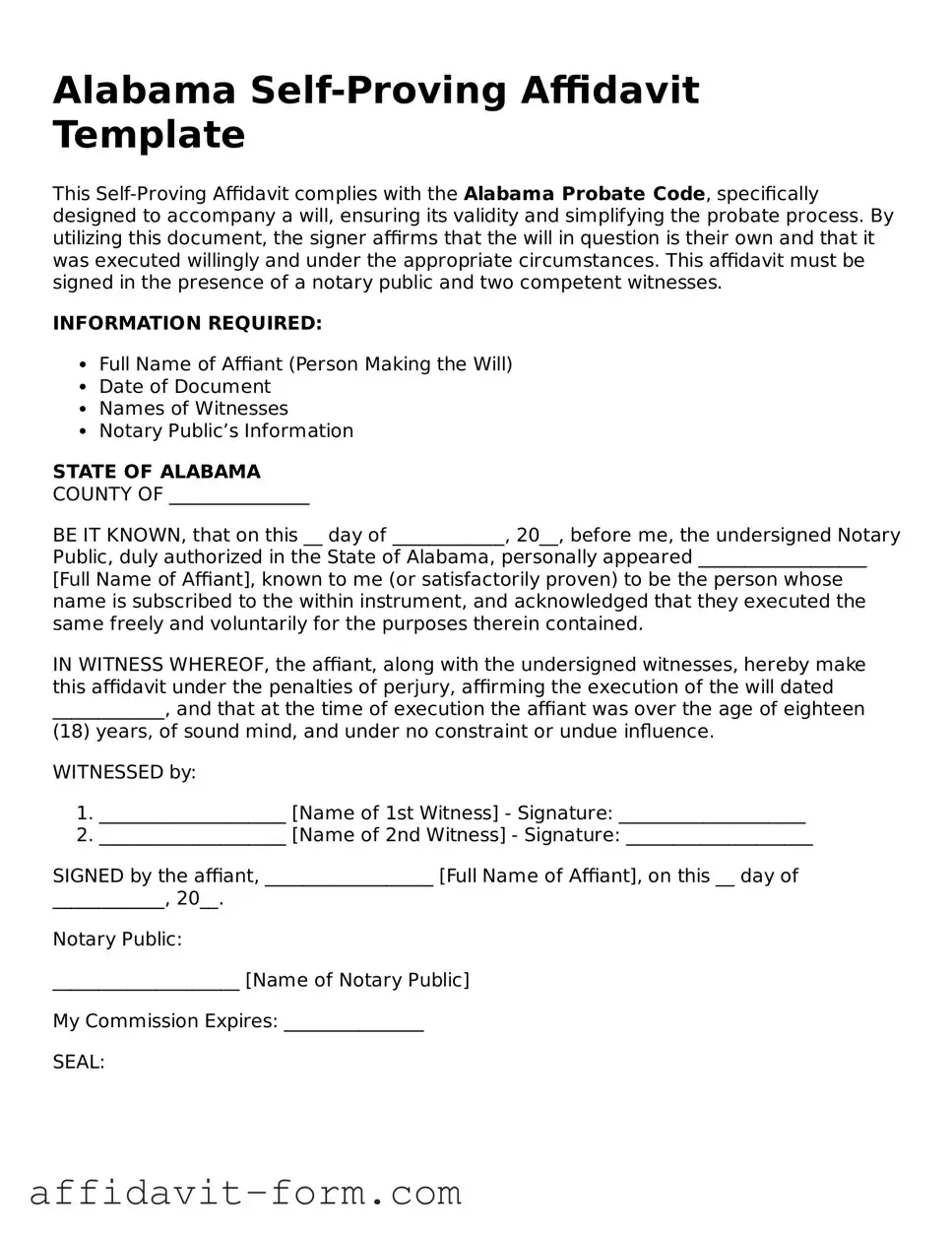 Printable  Self-Proving Affidavit Form for Alabama