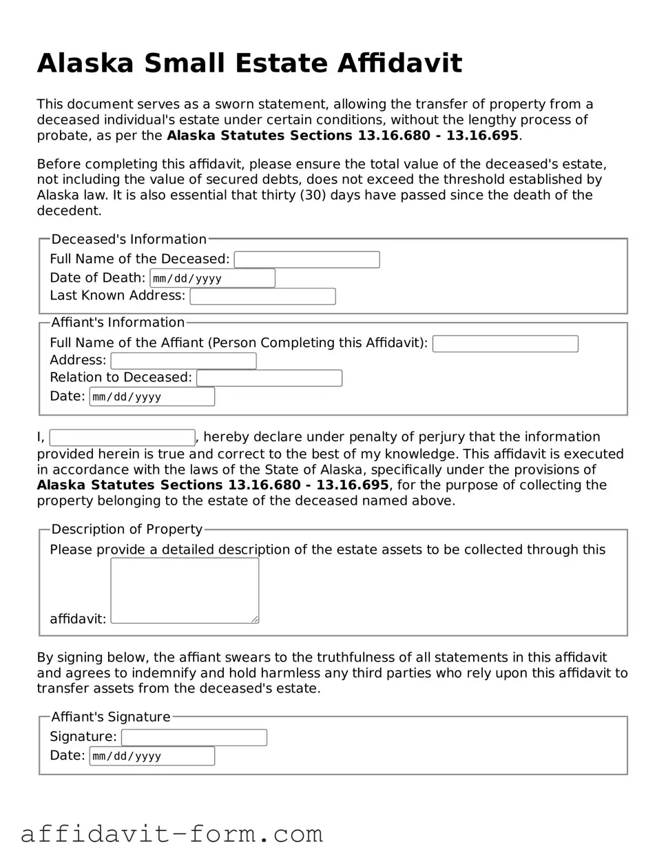 Printable  Small Estate Affidavit Form for Alaska