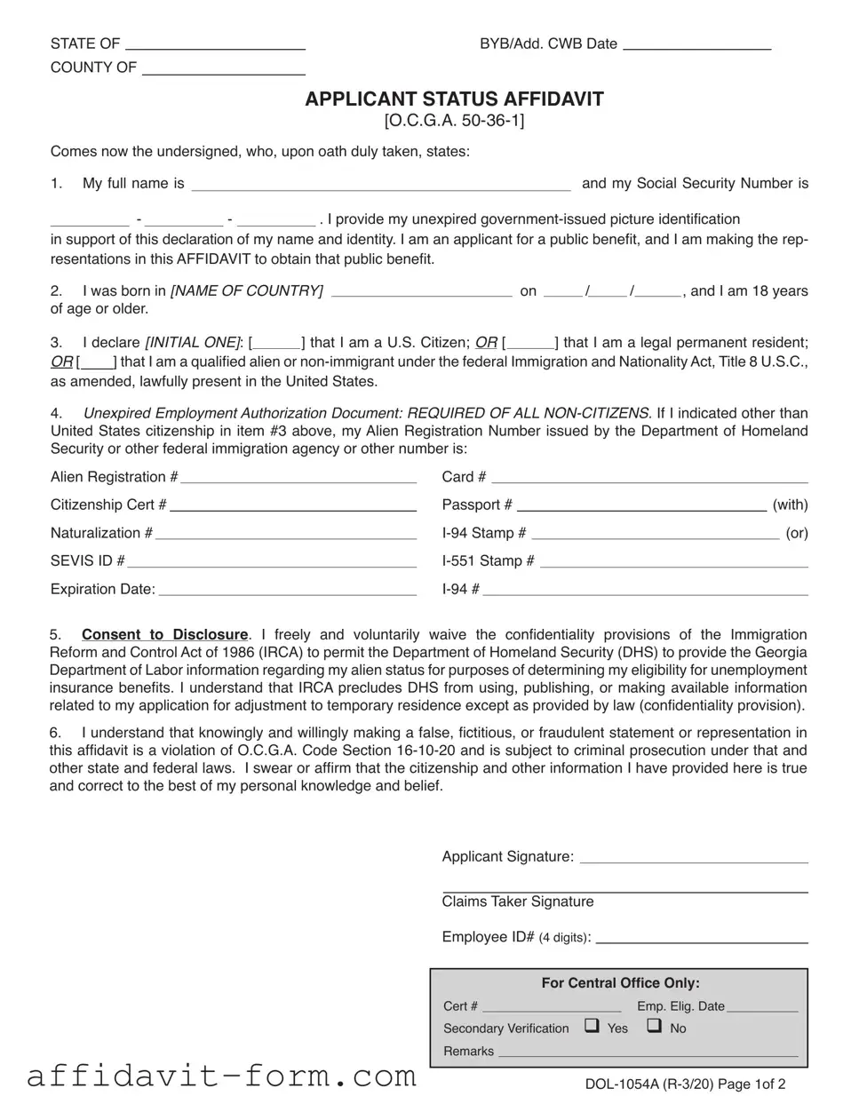 Blank Applicant Status Affidavit PDF Template