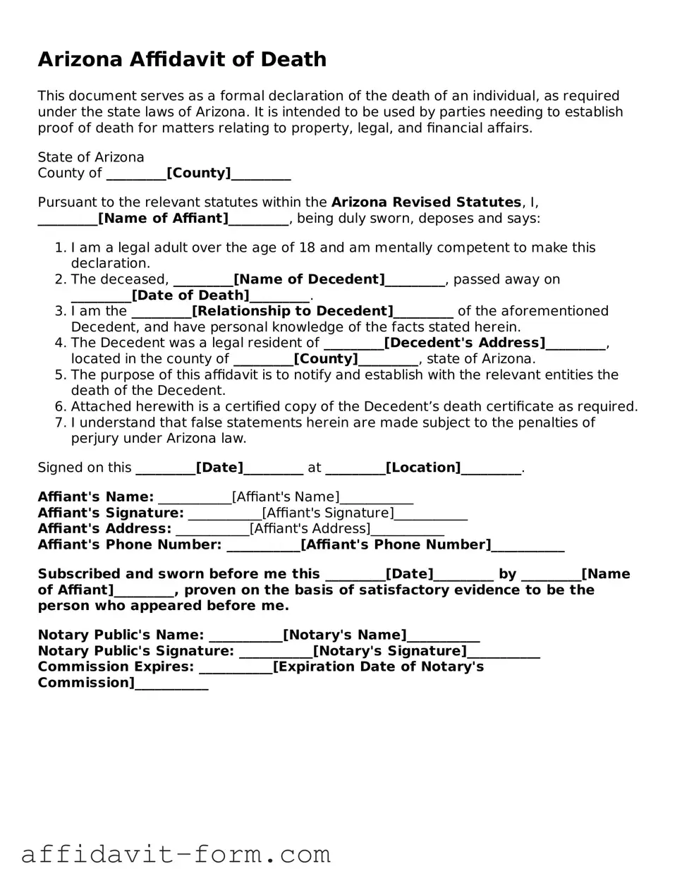 Printable  Affidavit of Death Form for Arizona