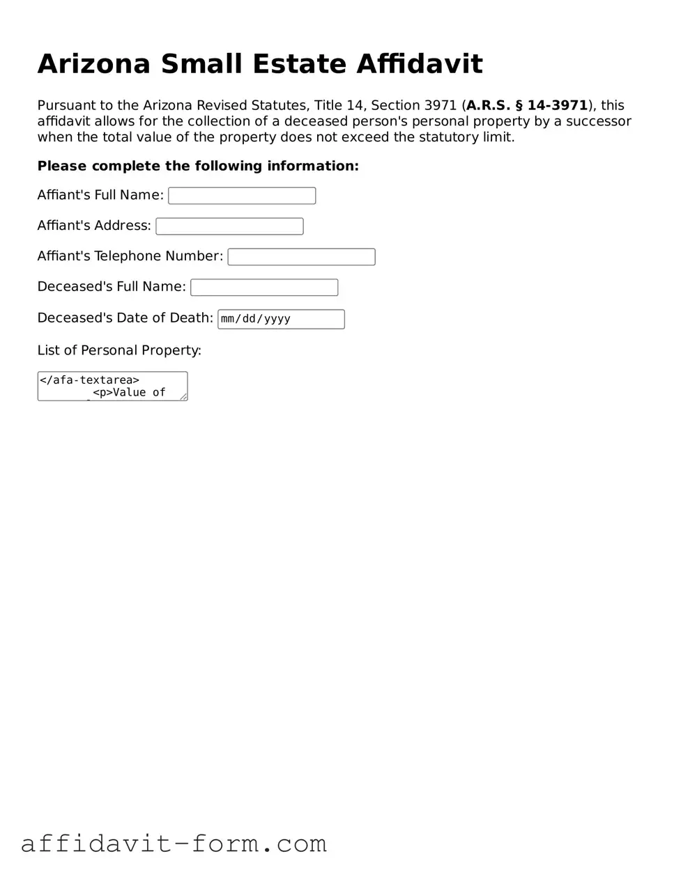 Printable  Small Estate Affidavit Form for Arizona