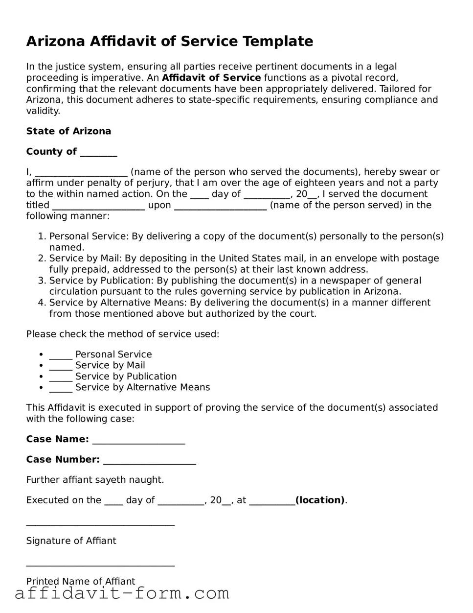 Printable  Affidavit of Service Form for Arizona