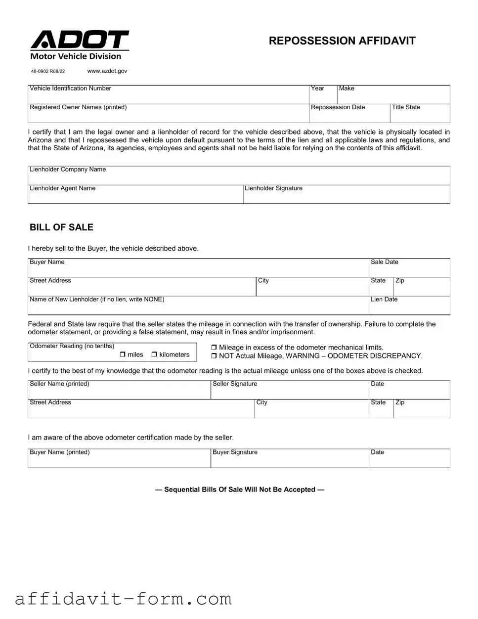 Blank Arizona Repossession Affidavit PDF Template