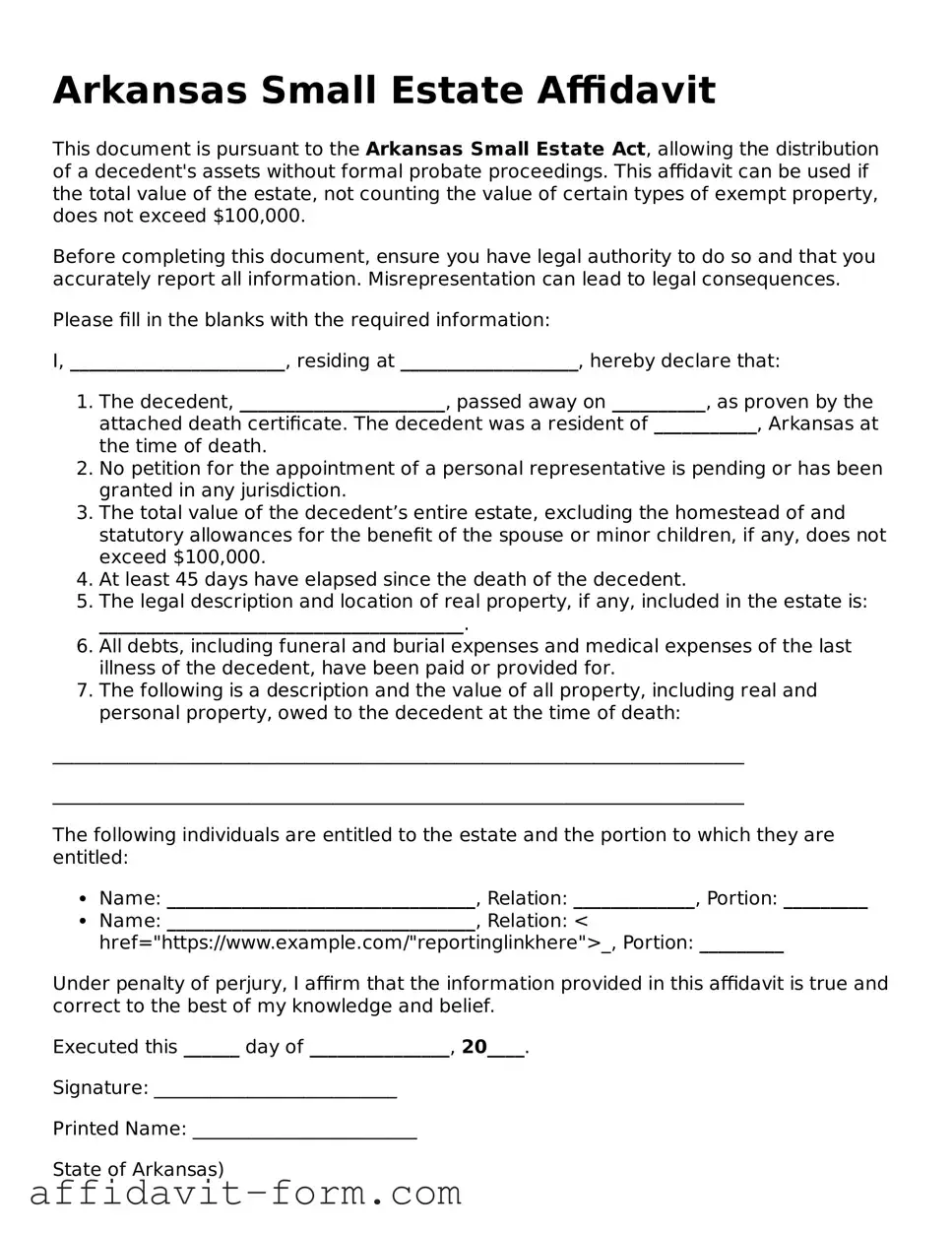 Printable  Small Estate Affidavit Form for Arkansas