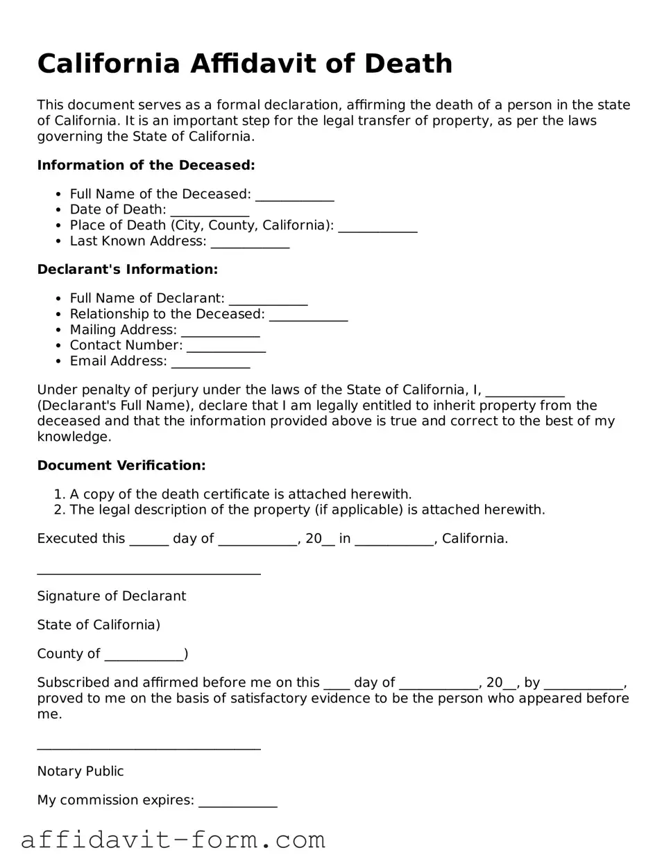 Printable  Affidavit of Death Form for California