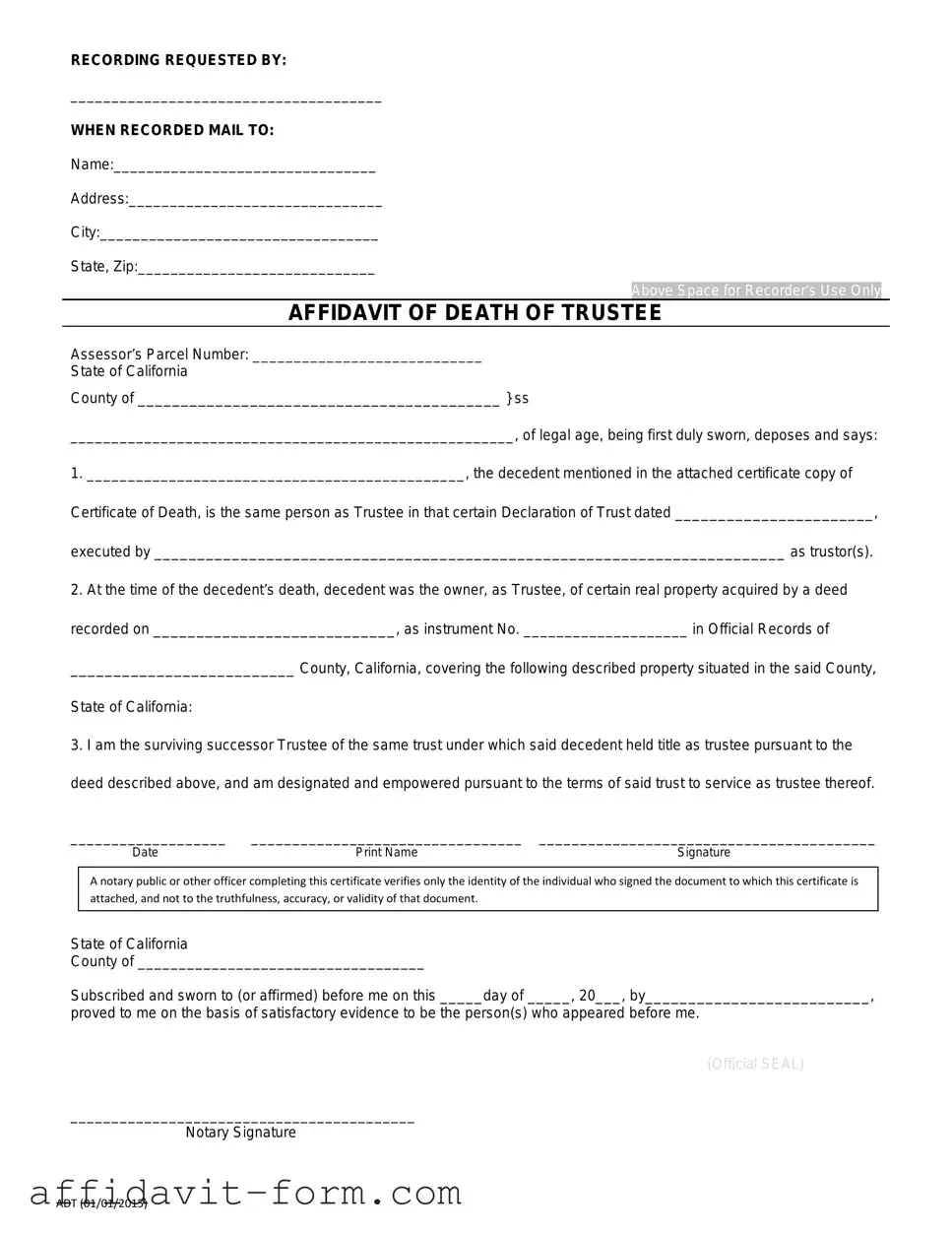 Blank California Affidavit of Death of a Trustee PDF Template