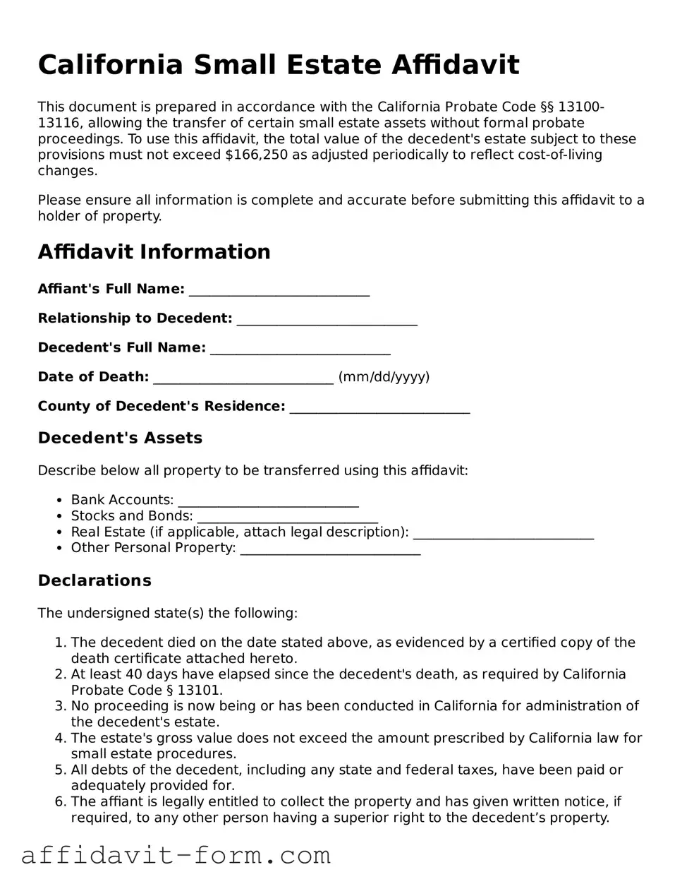 Printable  Small Estate Affidavit Form for California