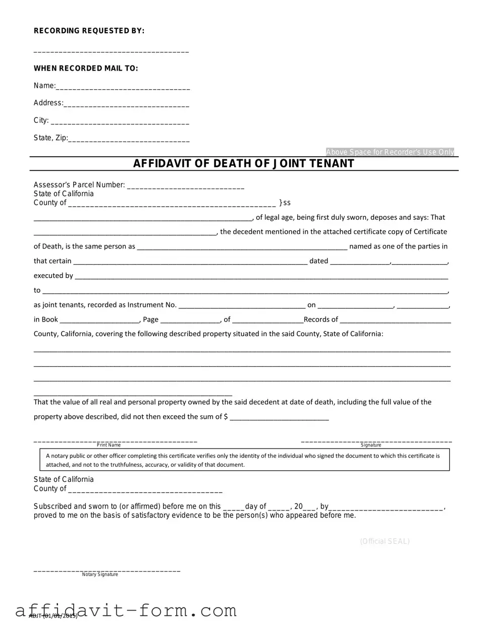 Blank California Death of a Joint Tenant Affidavit PDF Template