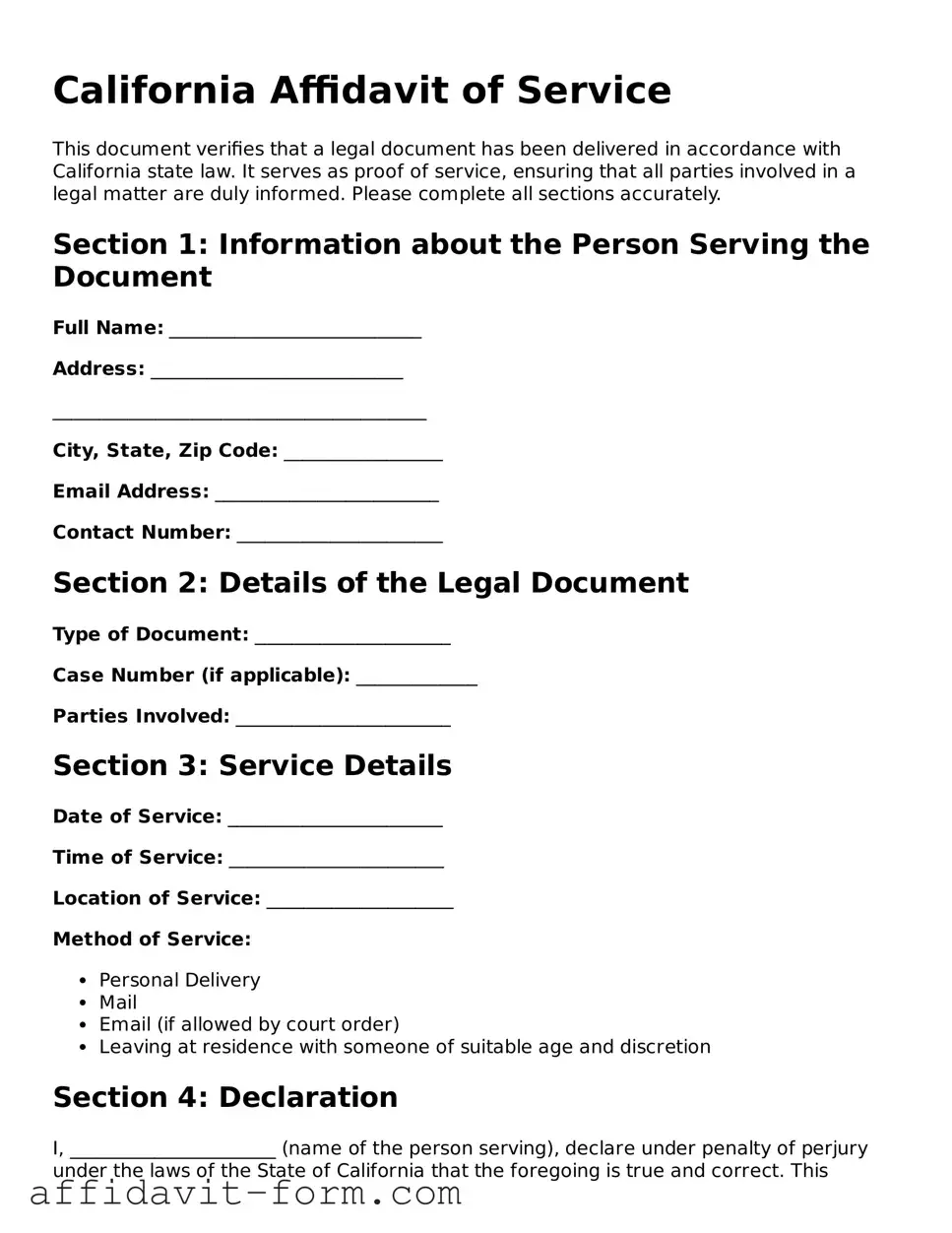 Printable  Affidavit of Service Form for California
