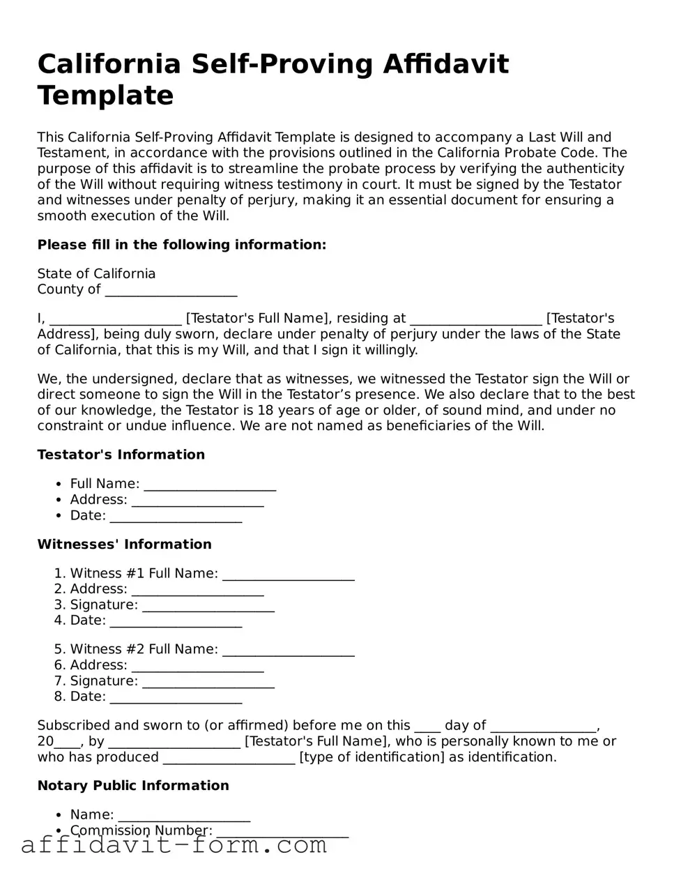 Printable  Self-Proving Affidavit Form for California