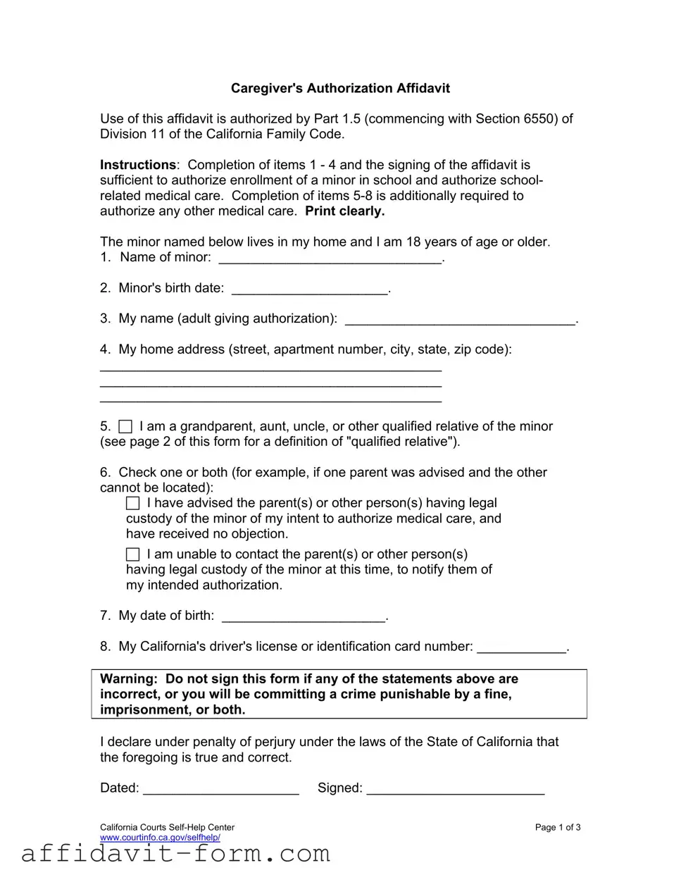 Blank Caregivers Authorization Affidavit PDF Template