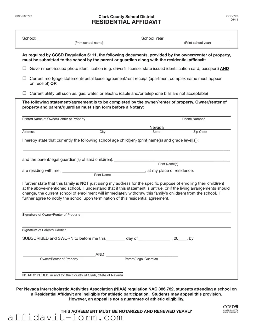 Blank Ccsd Residential Affidavit PDF Template