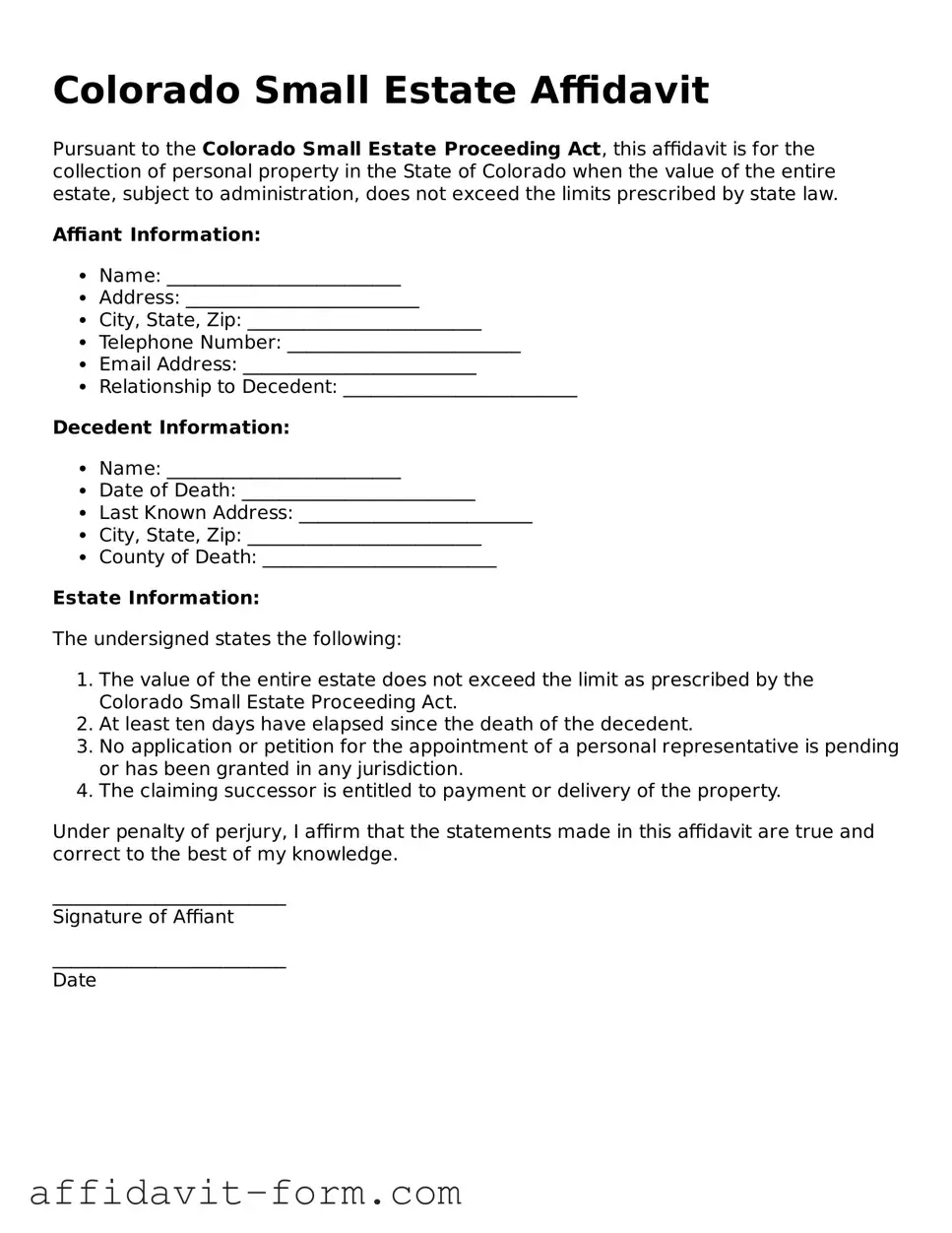 Printable  Small Estate Affidavit Form for Colorado