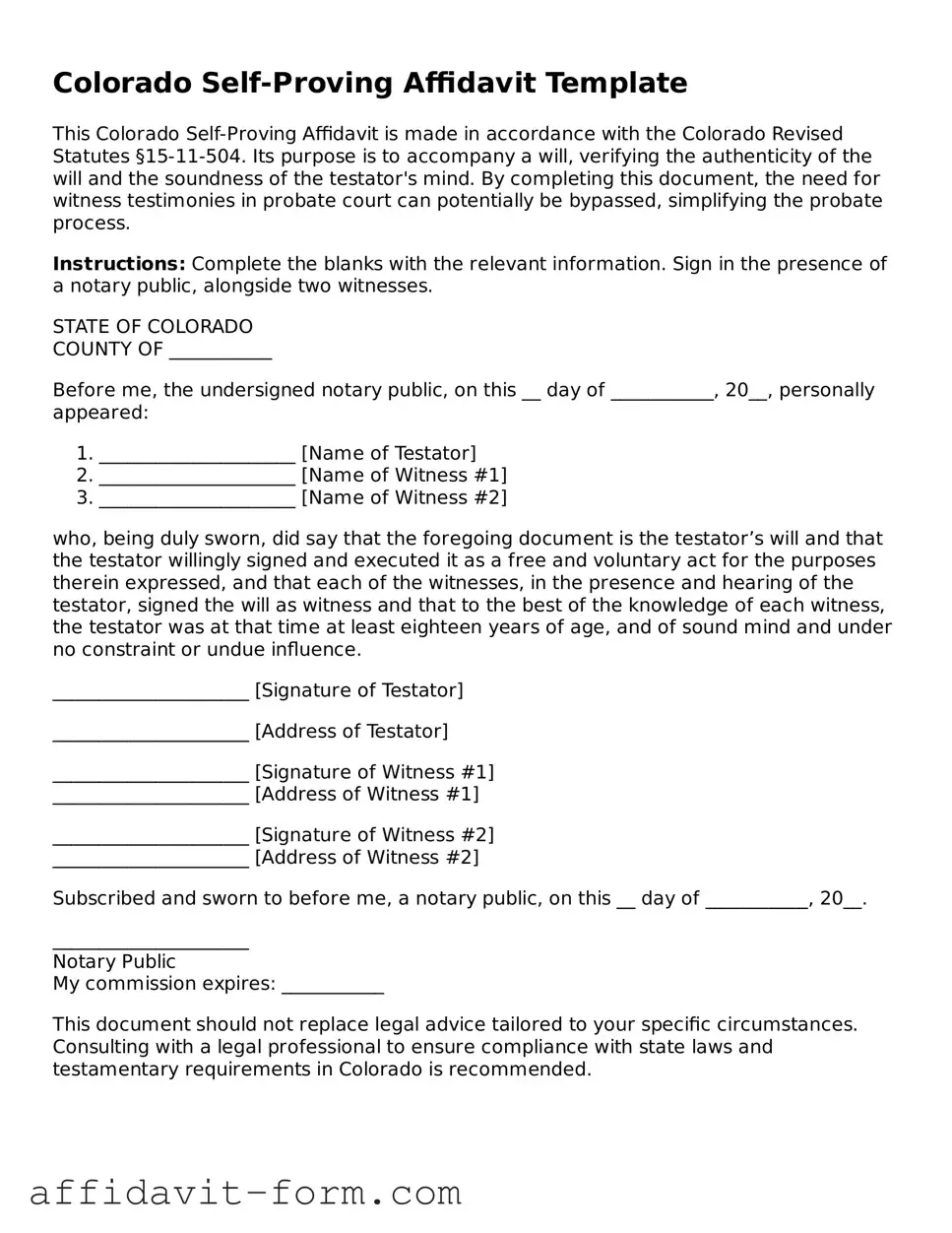 Printable  Self-Proving Affidavit Form for Colorado