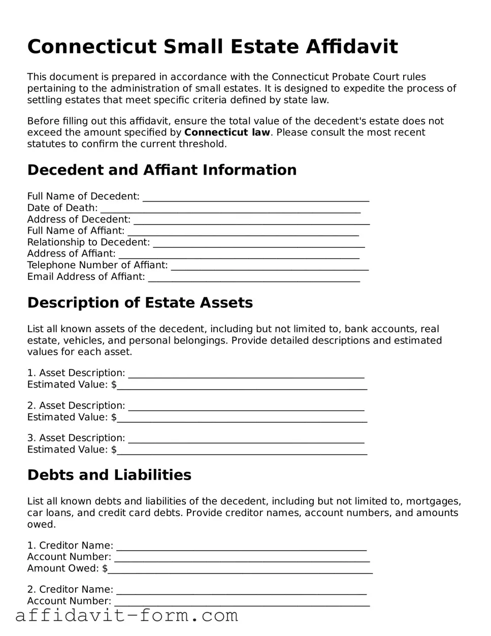 Printable  Small Estate Affidavit Form for Connecticut