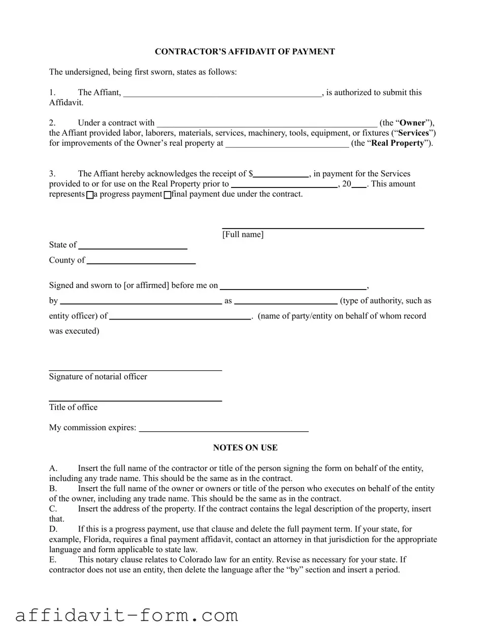 Blank Contractor Affidavit PDF Template