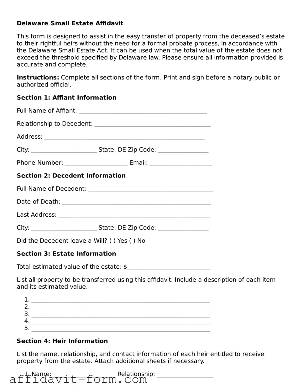 Printable  Small Estate Affidavit Form for Delaware