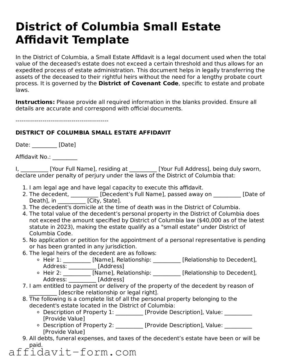 Printable  Small Estate Affidavit Form for District of Columbia