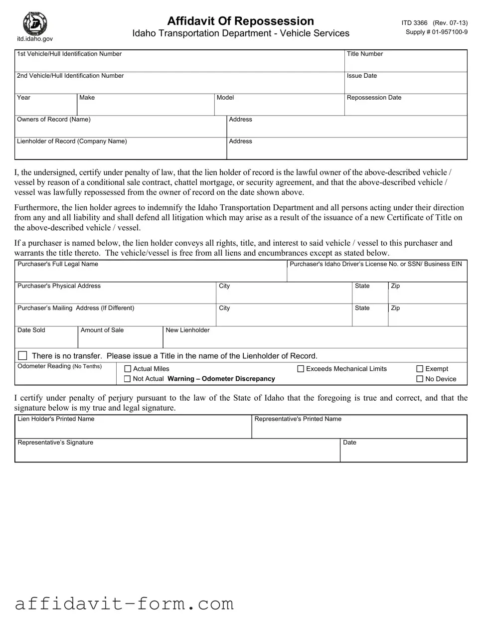 Blank Dmv Affidavit Of Repossession PDF Template
