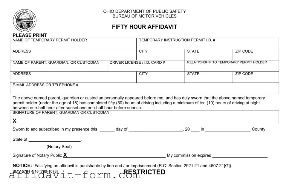 Blank Driving Fifty Hour Affidavit PDF Template