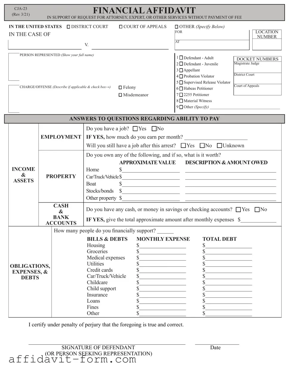 Blank Financial Affidavit CJA-23 PDF Template