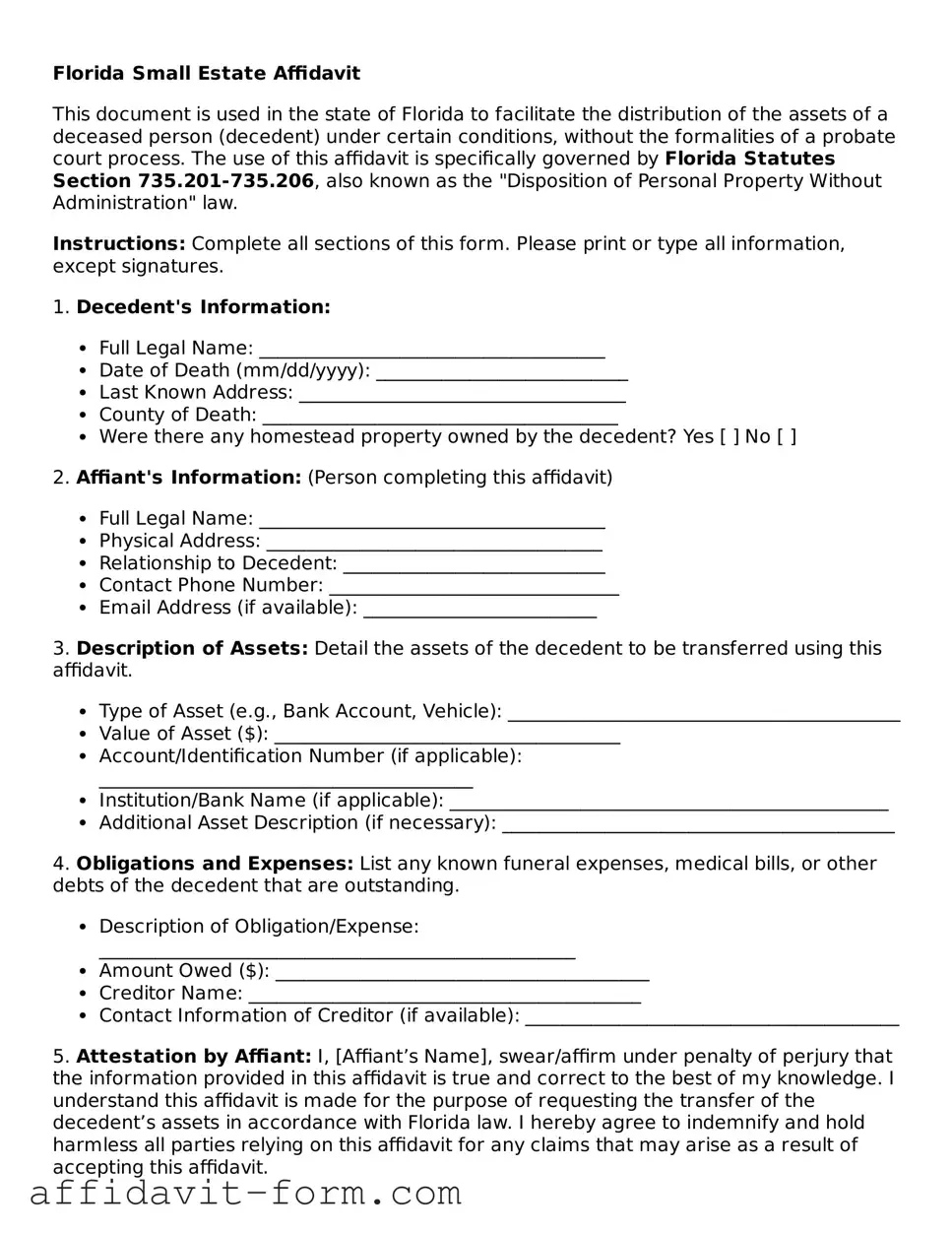 Printable  Small Estate Affidavit Form for Florida