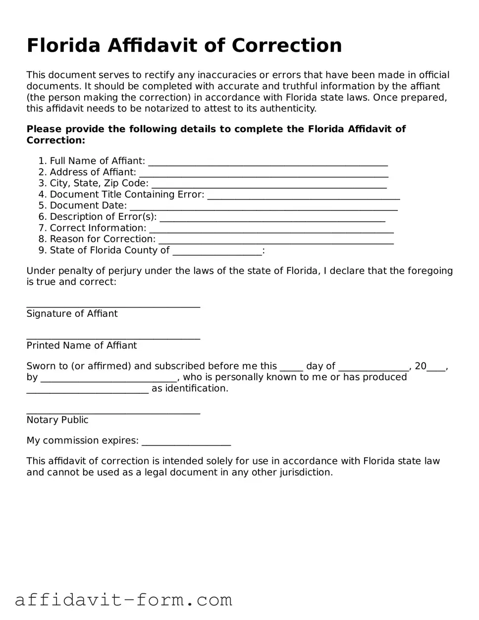 Printable  Affidavit of Correction Form for Florida