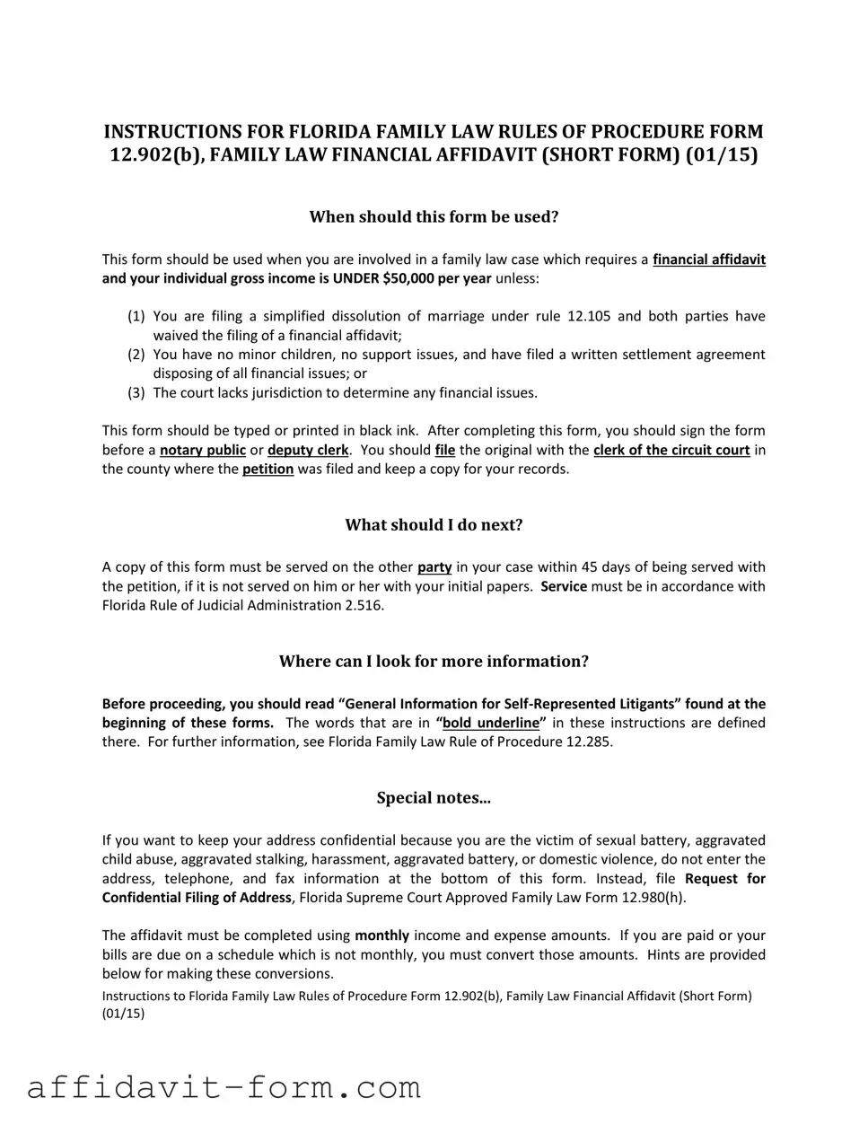 Blank Florida Financial Affidavit Short 12.902(b) PDF Template
