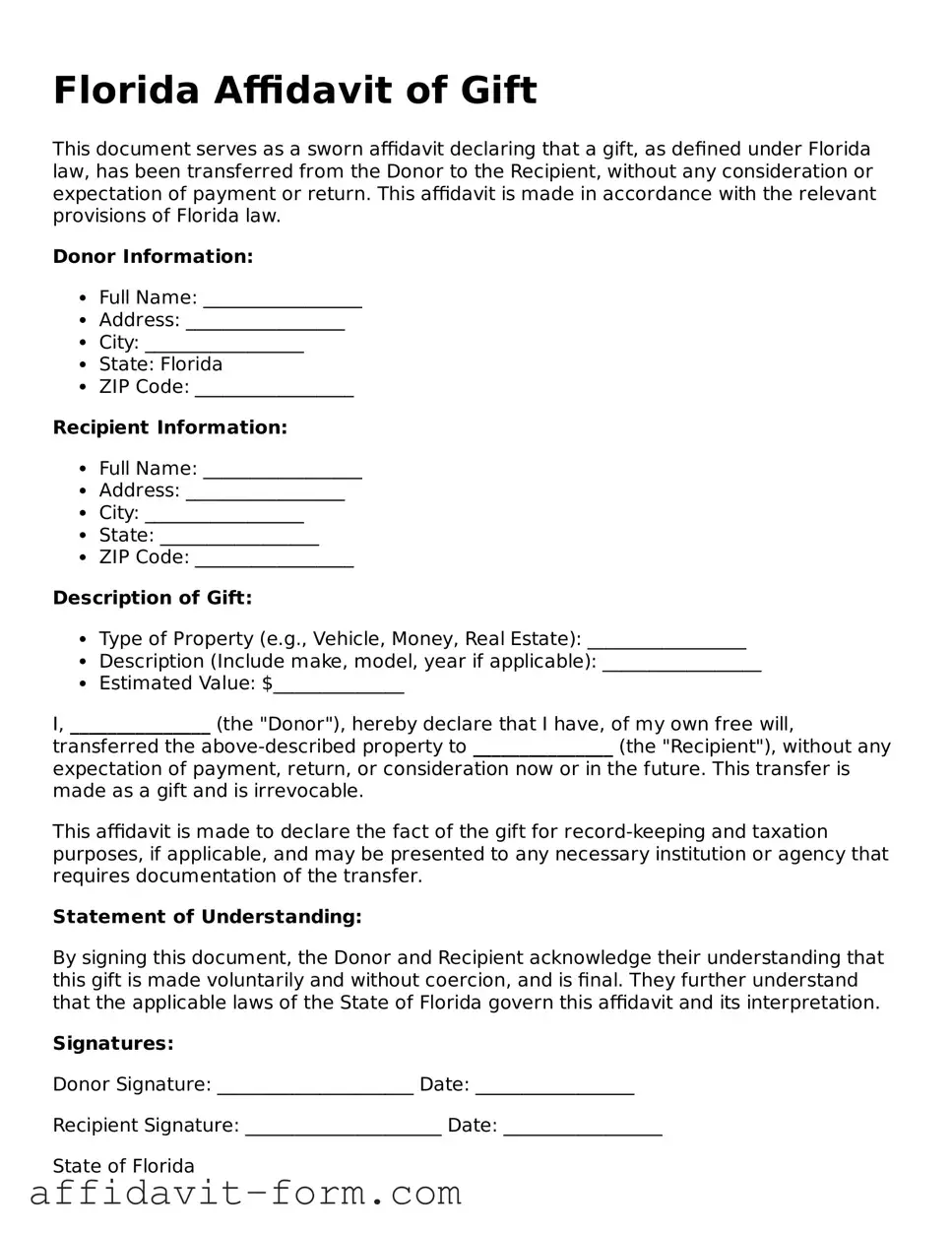 Printable  Affidavit of Gift Form for Florida