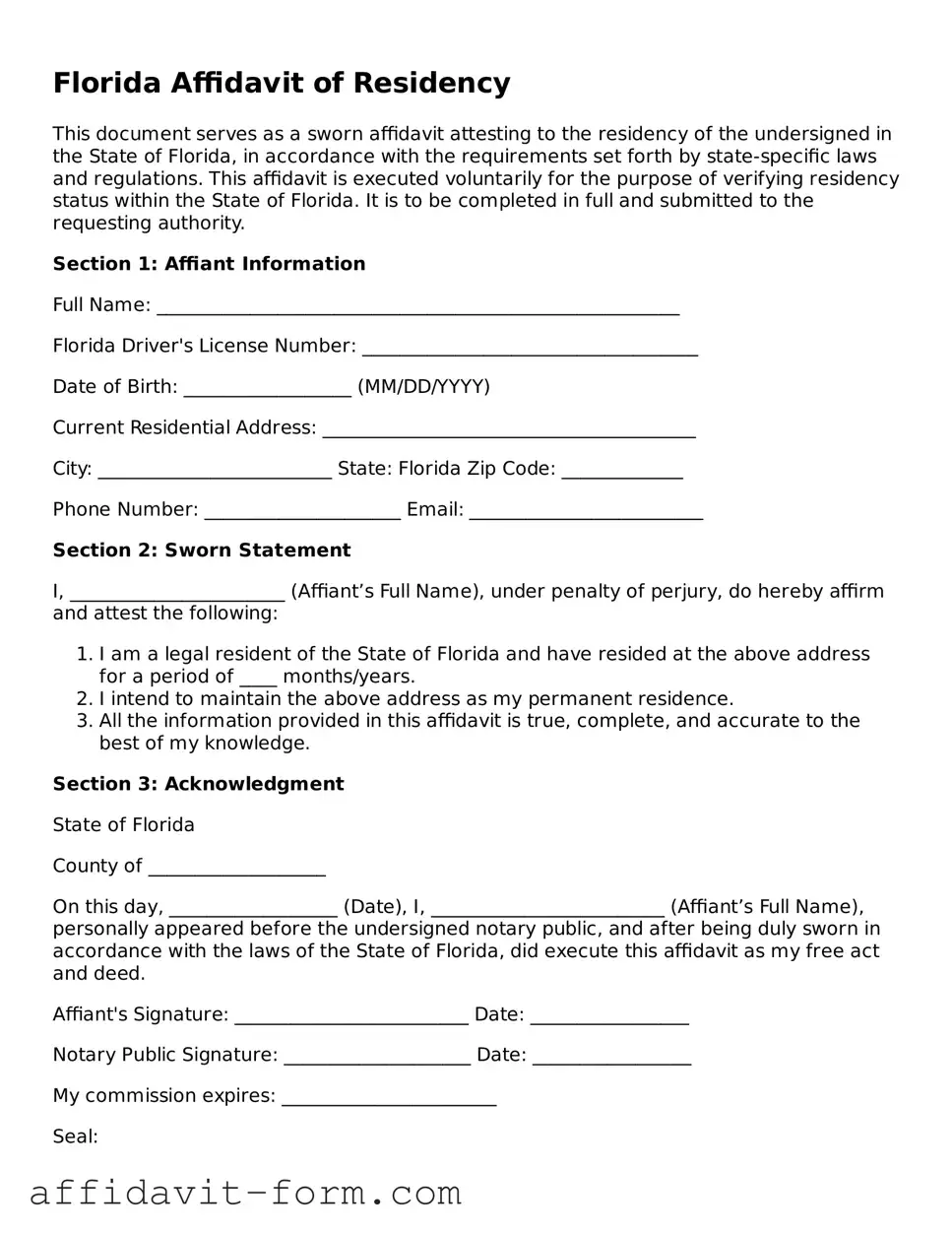 Printable  Affidavit of Residency Form for Florida