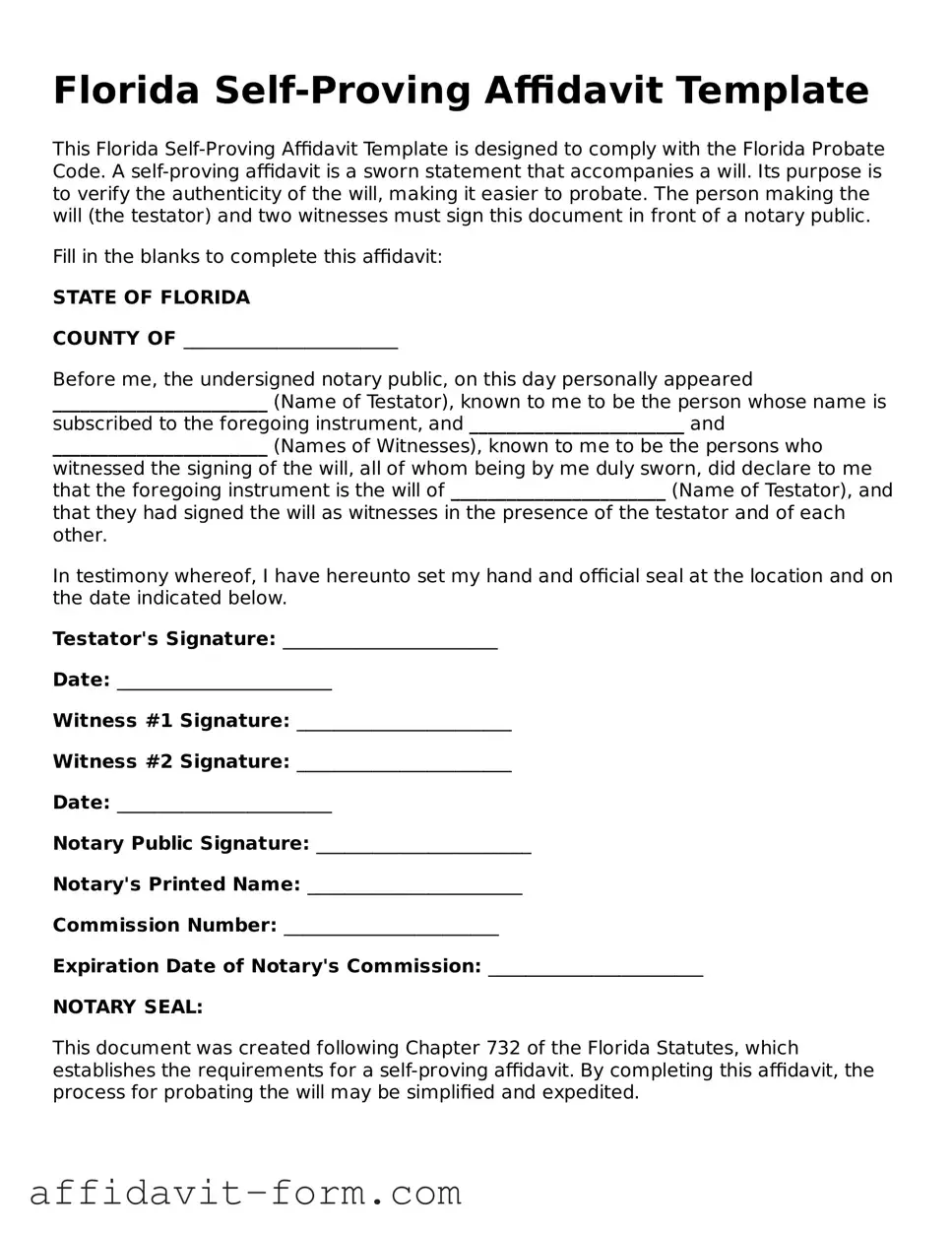 Printable  Self-Proving Affidavit Form for Florida