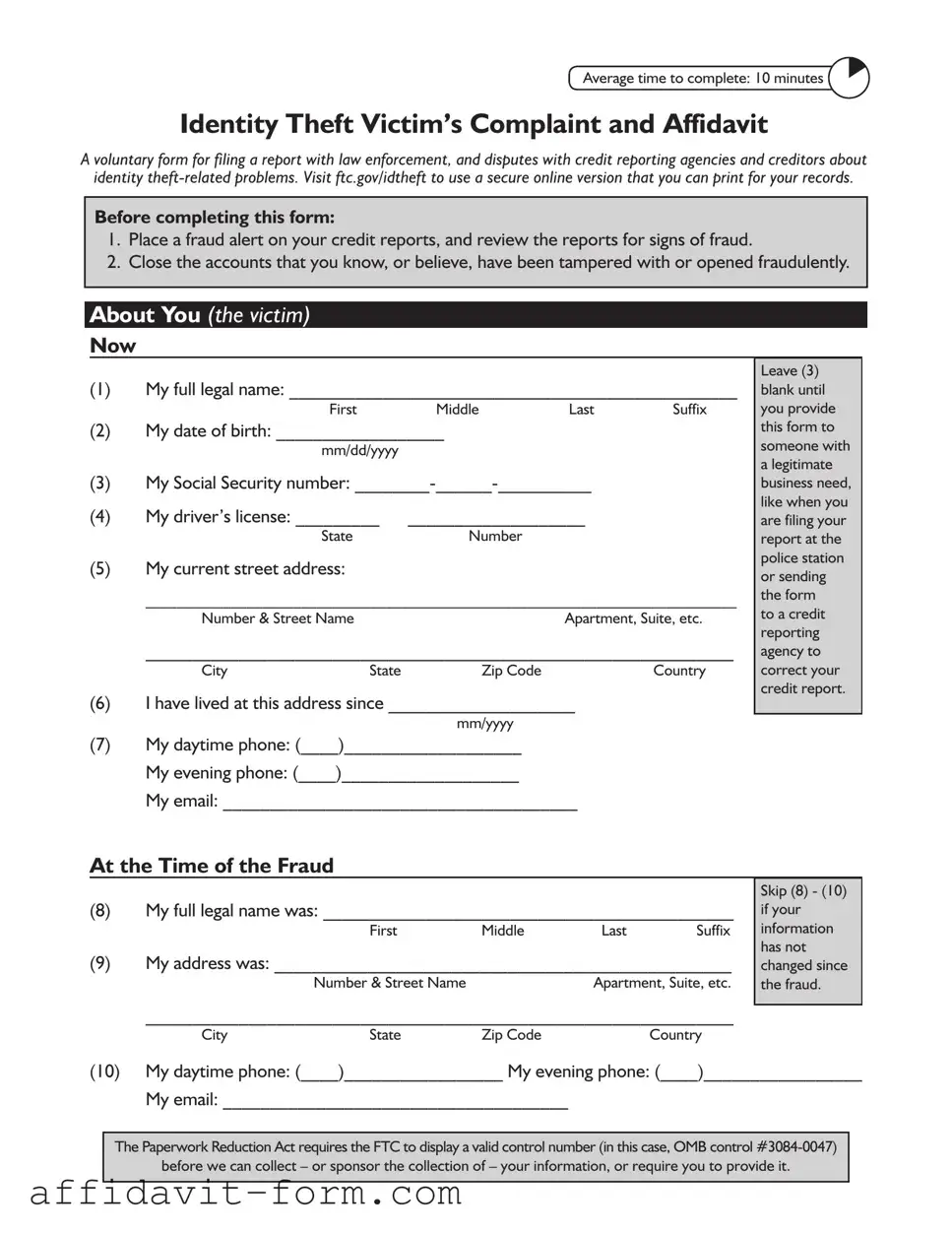 Blank Ftc Identity Theft Affidavit PDF Template
