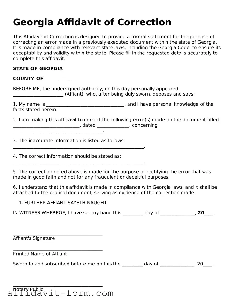 Printable  Affidavit of Correction Form for Georgia