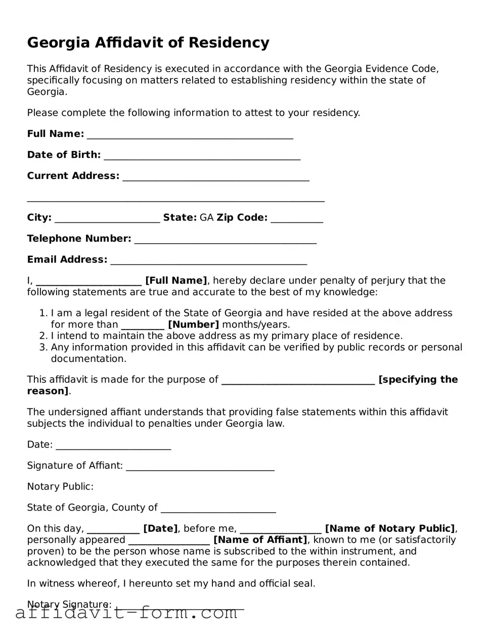 Printable  Affidavit of Residency Form for Georgia