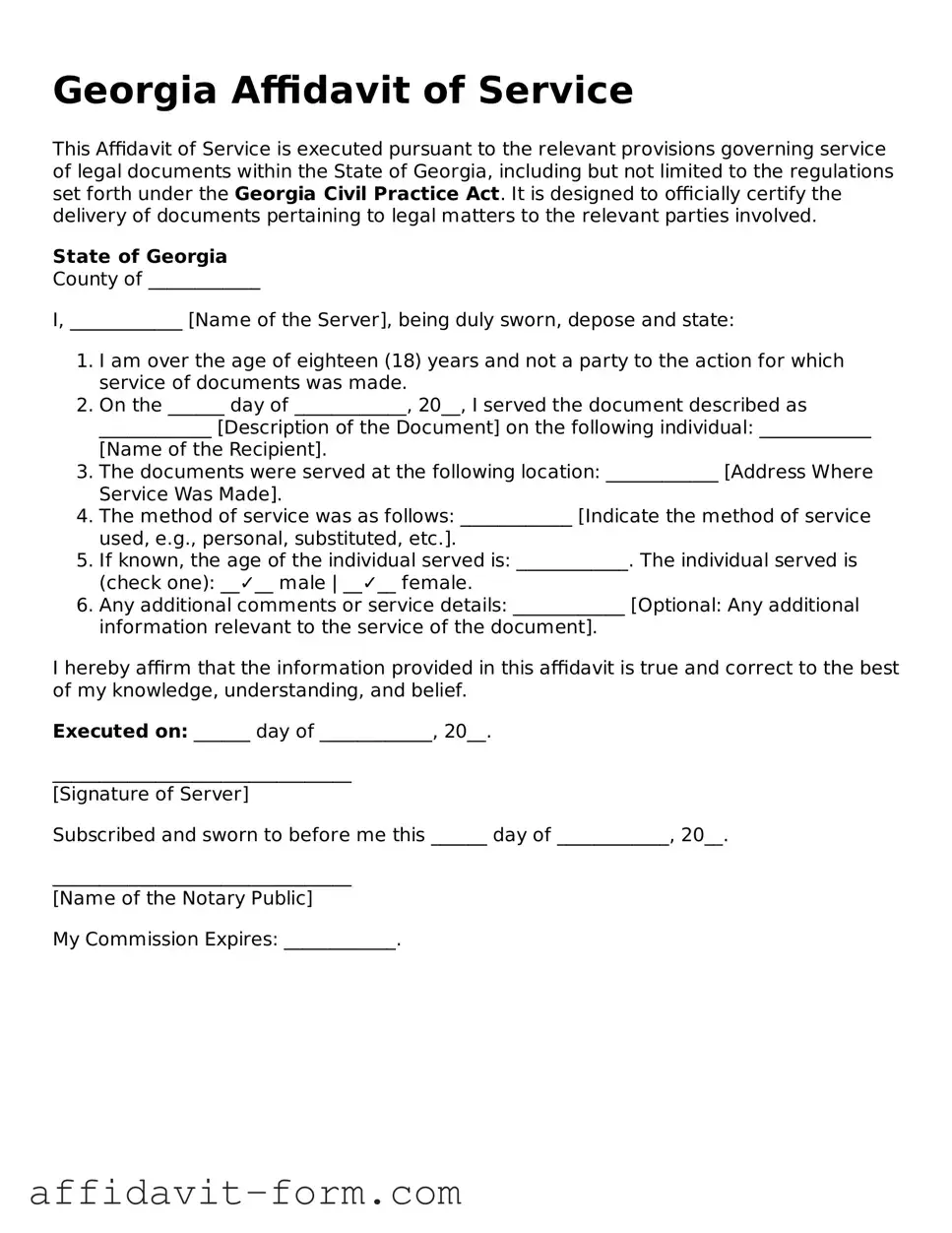 Printable  Affidavit of Service Form for Georgia