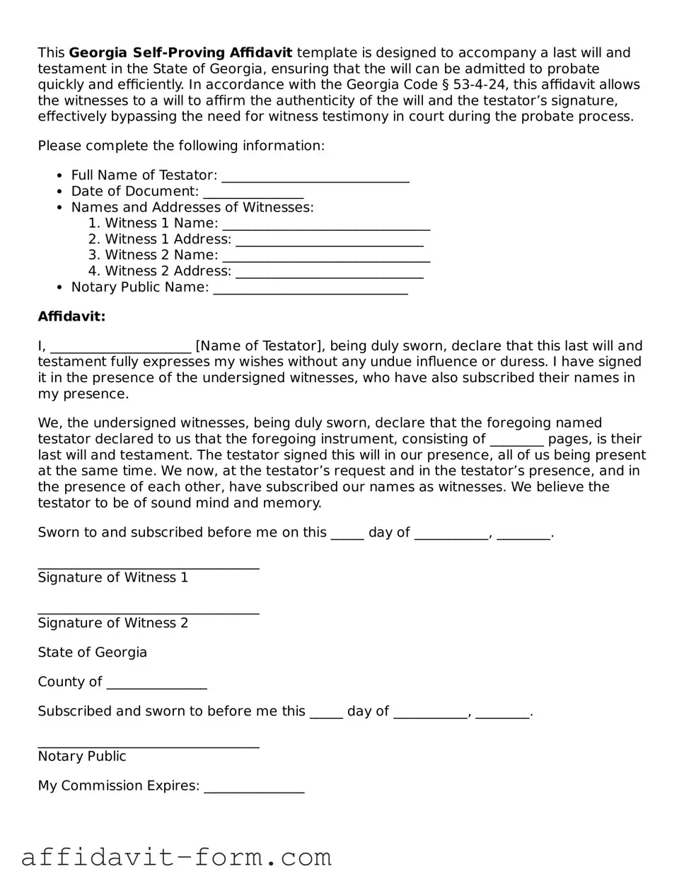 Printable  Self-Proving Affidavit Form for Georgia