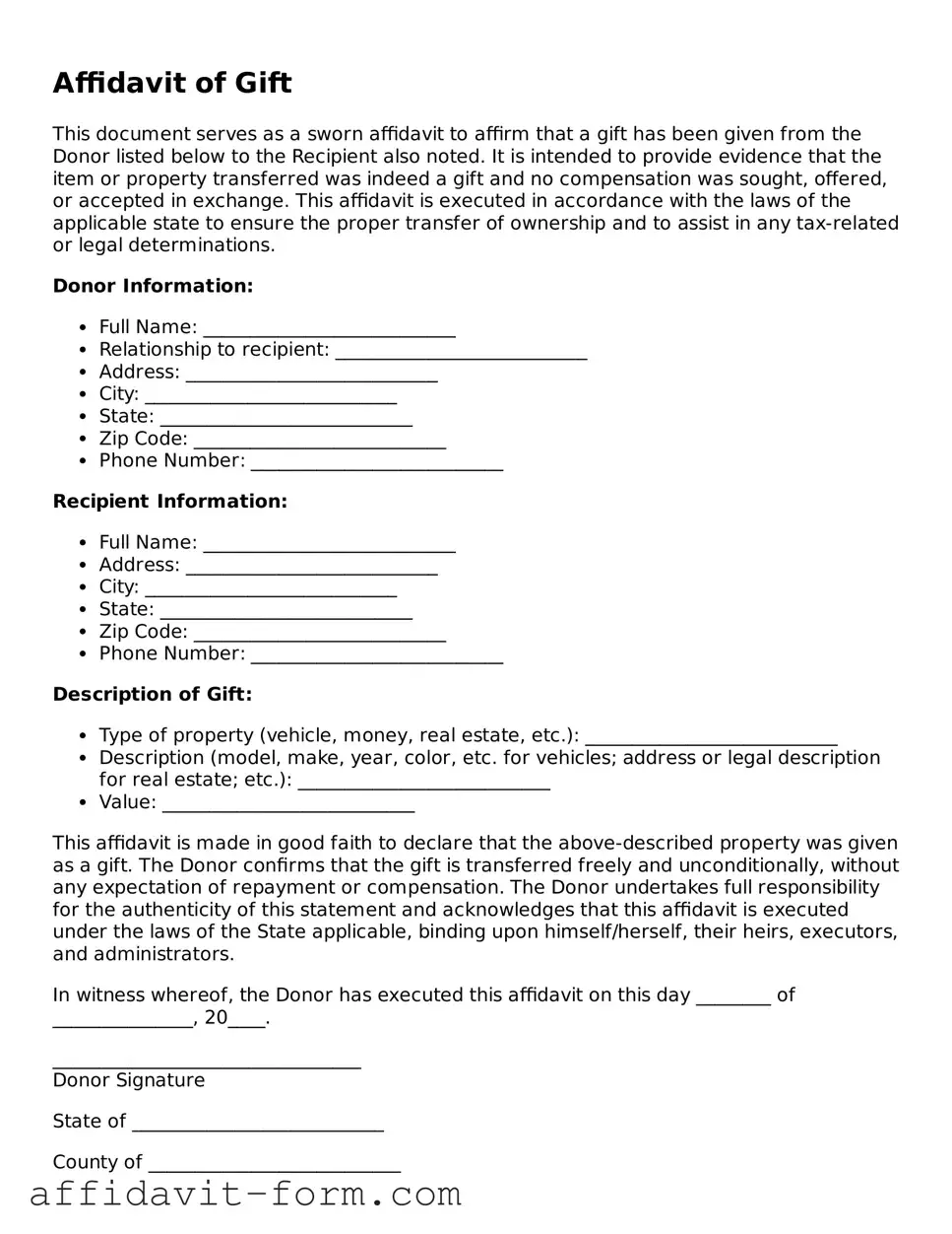 Valid Affidavit of Gift Form