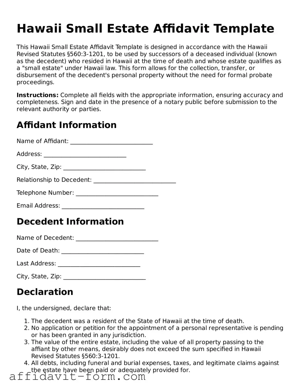 Printable  Small Estate Affidavit Form for Hawaii