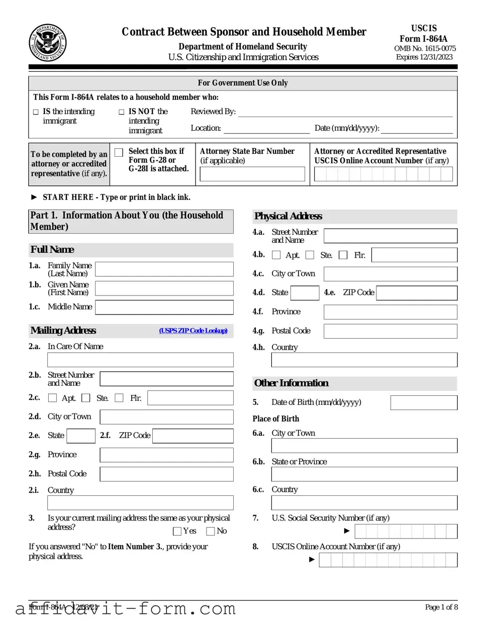 Blank I 864A Affidavit Of Support PDF Template
