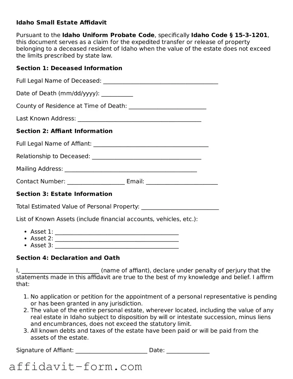 Printable  Small Estate Affidavit Form for Idaho