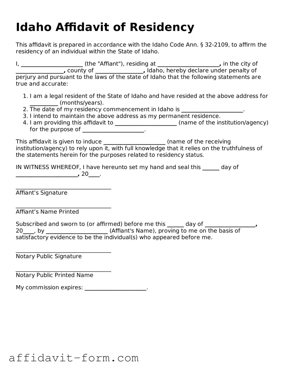 Printable  Affidavit of Residency Form for Idaho