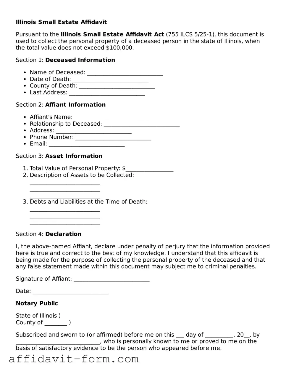 Printable  Small Estate Affidavit Form for Illinois