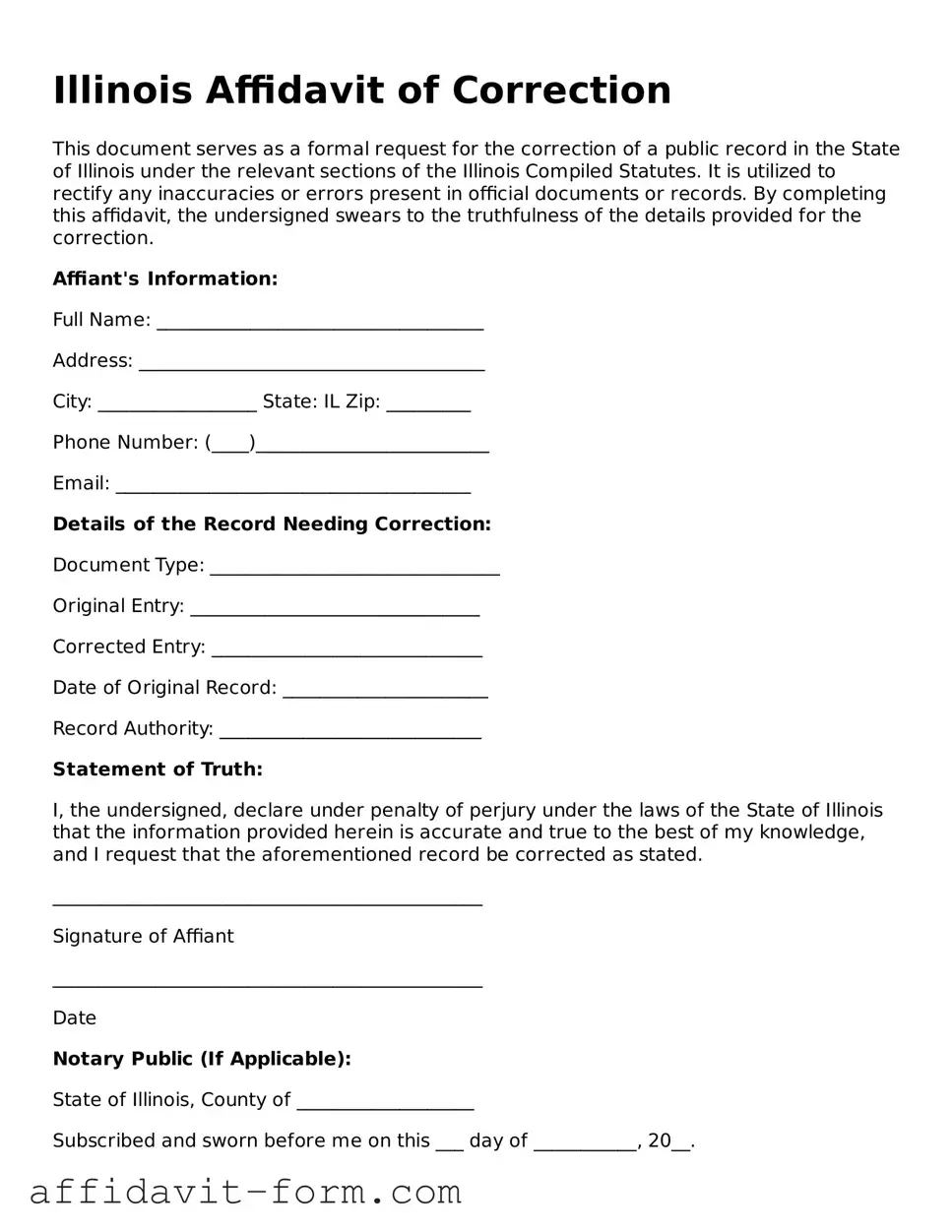 Printable  Affidavit of Correction Form for Illinois