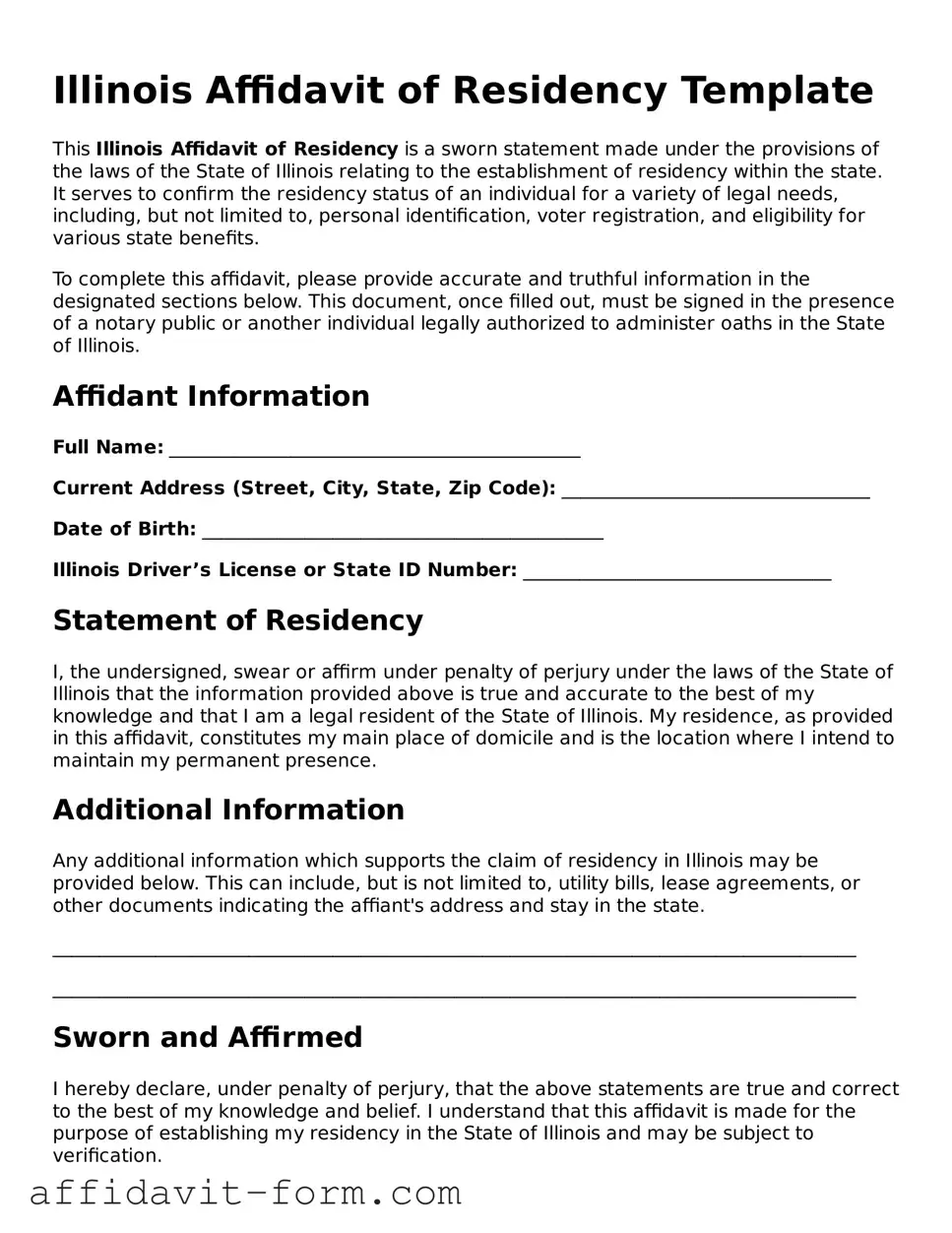 Printable  Affidavit of Residency Form for Illinois